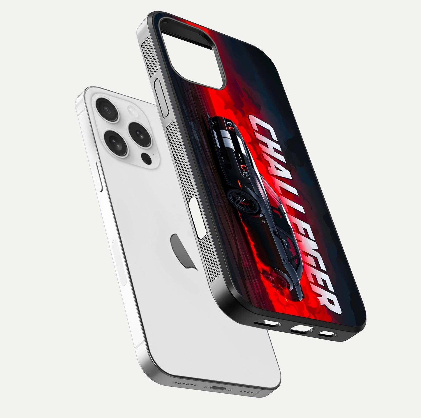 Crimson Challenger Fury Glass Case for iPhone 16 Pro floating mockup showing HD gloss and sleek shine