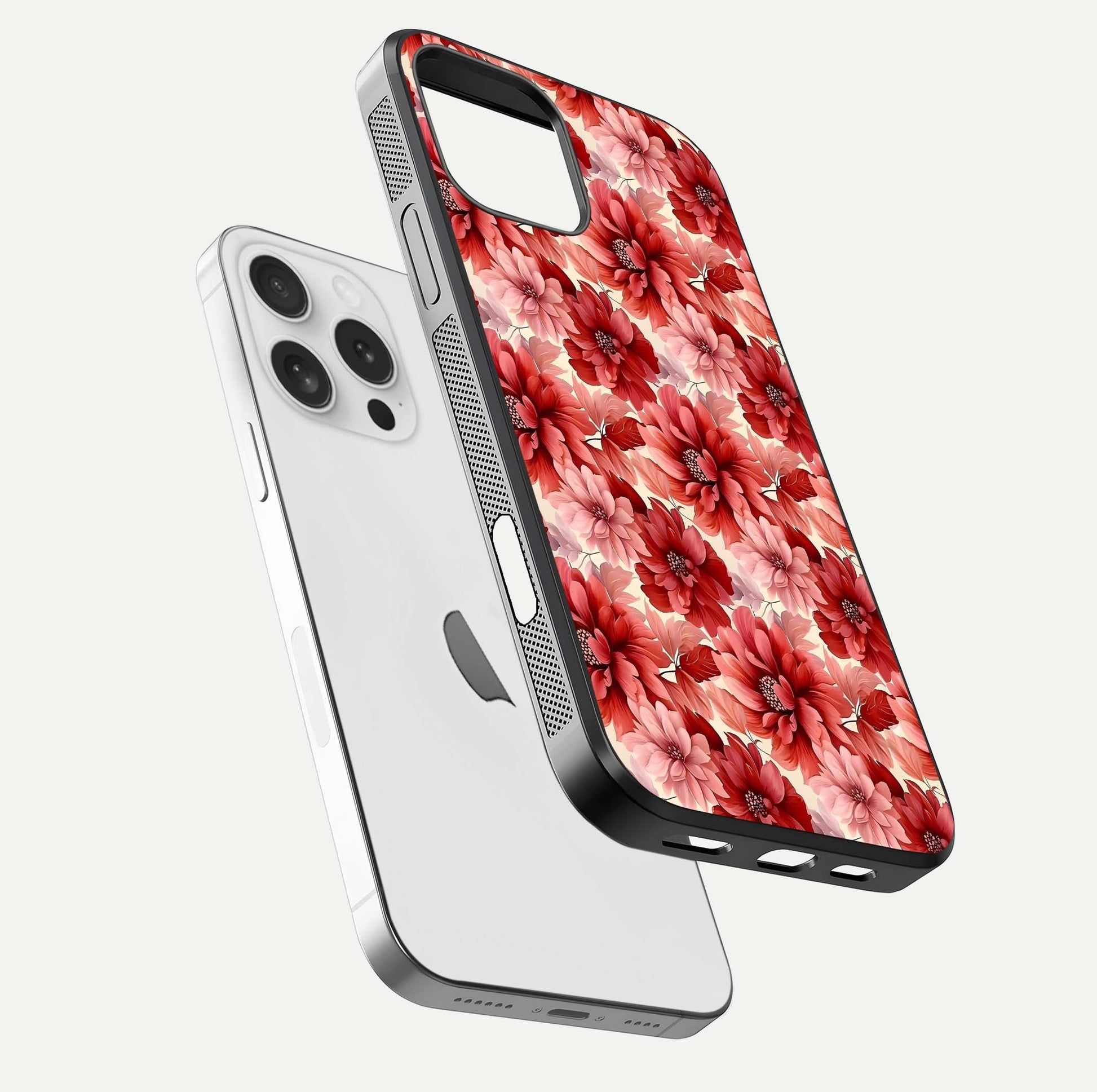 Crimson Love Petals Glass Case for iPhone 16 Pro floating mockup showing HD gloss and vivid detail
