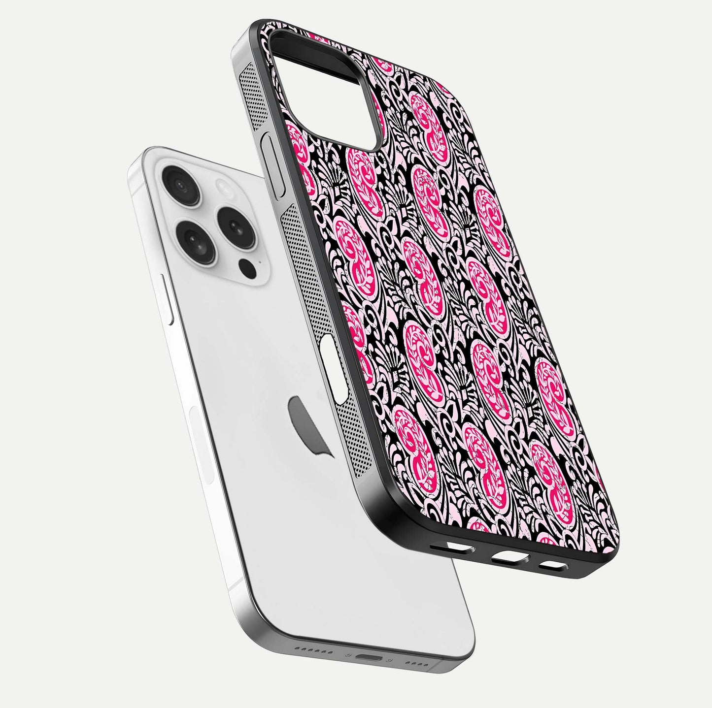 Crimson Paisley Charm Glass Case for iPhone 16 Pro floating mockup showing gloss shine and texture clarity