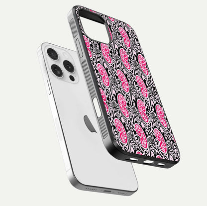 Crimson Paisley Charm Glass Case for iPhone 16 Pro floating mockup showing gloss shine and texture clarity