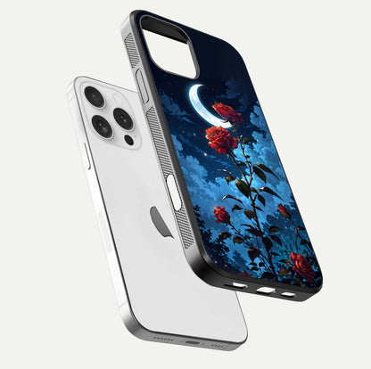Crimson Rose Moon Glass Case for iPhone 16 Pro floating mockup showing HD shine and elegant contrast