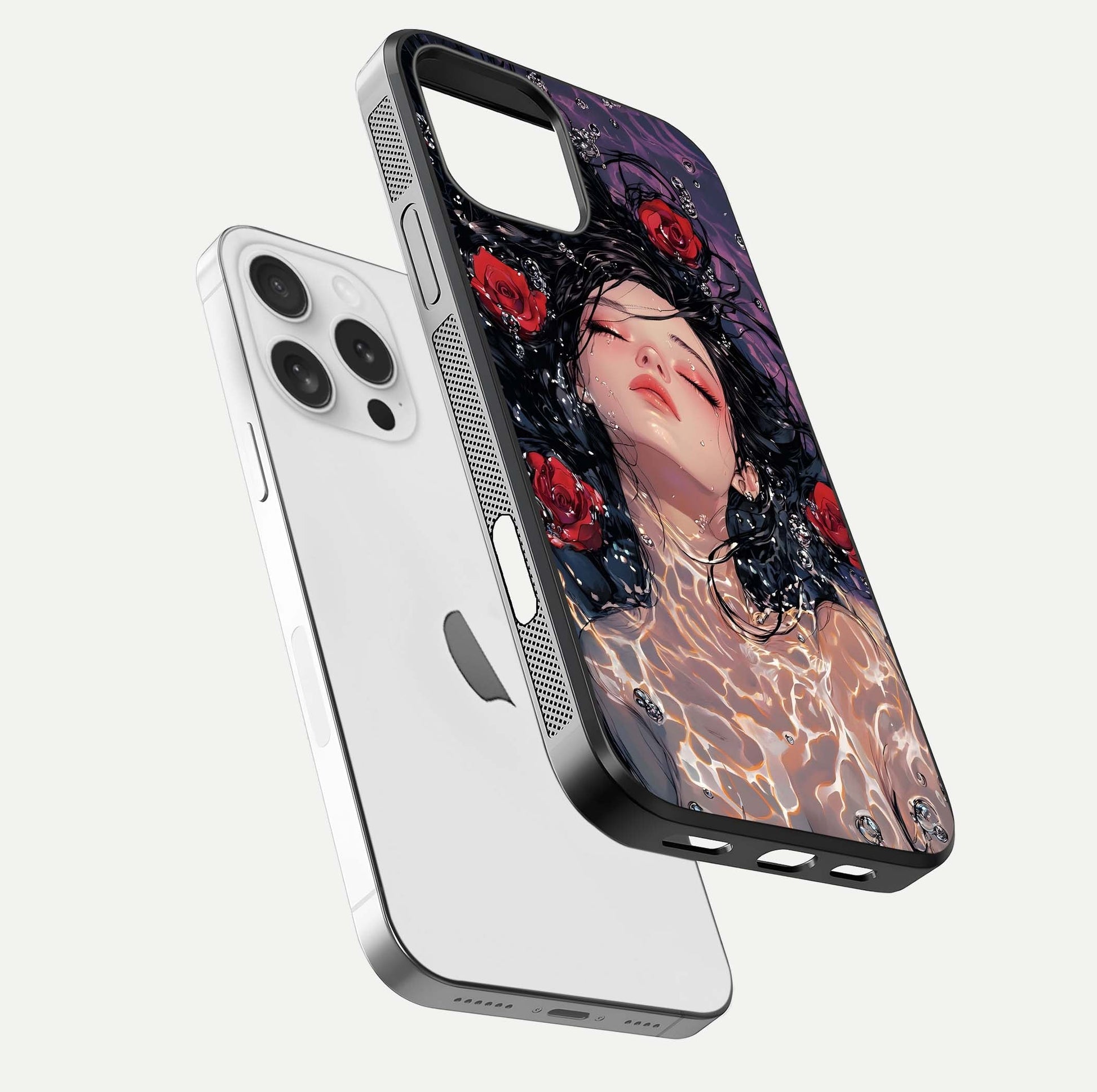 Crimson Rose Serenity Glass Case for iPhone 16 Pro floating mockup showing HD gloss and floral texture