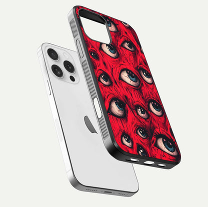 Crimson Watch Eyes Glass Case for iPhone 16 Pro floating mockup showing HD polish and bright gloss