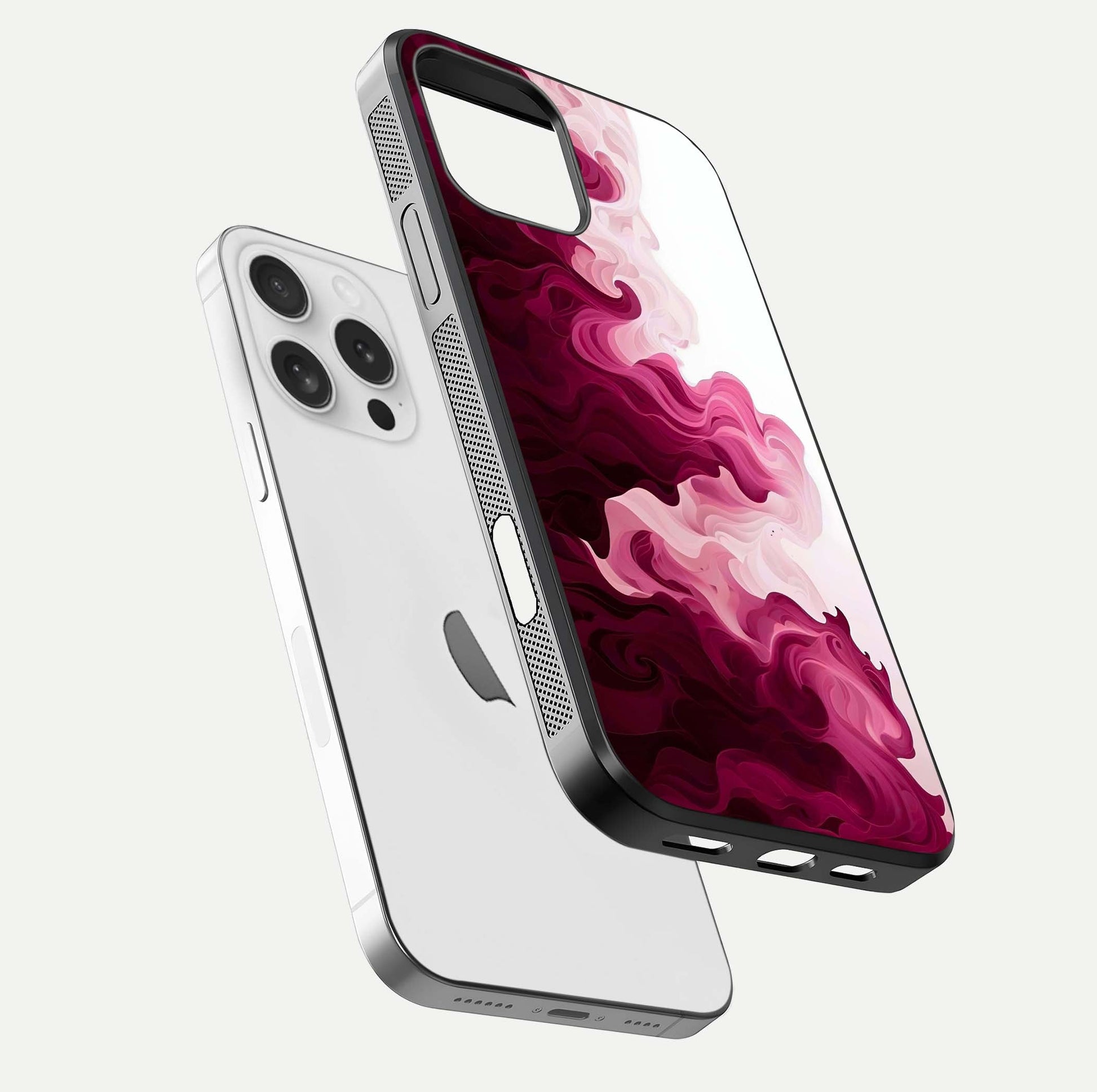 Crimson Wave Flow Glass Case for iPhone 16 Pro floating mockup showing gloss shine and smooth edge