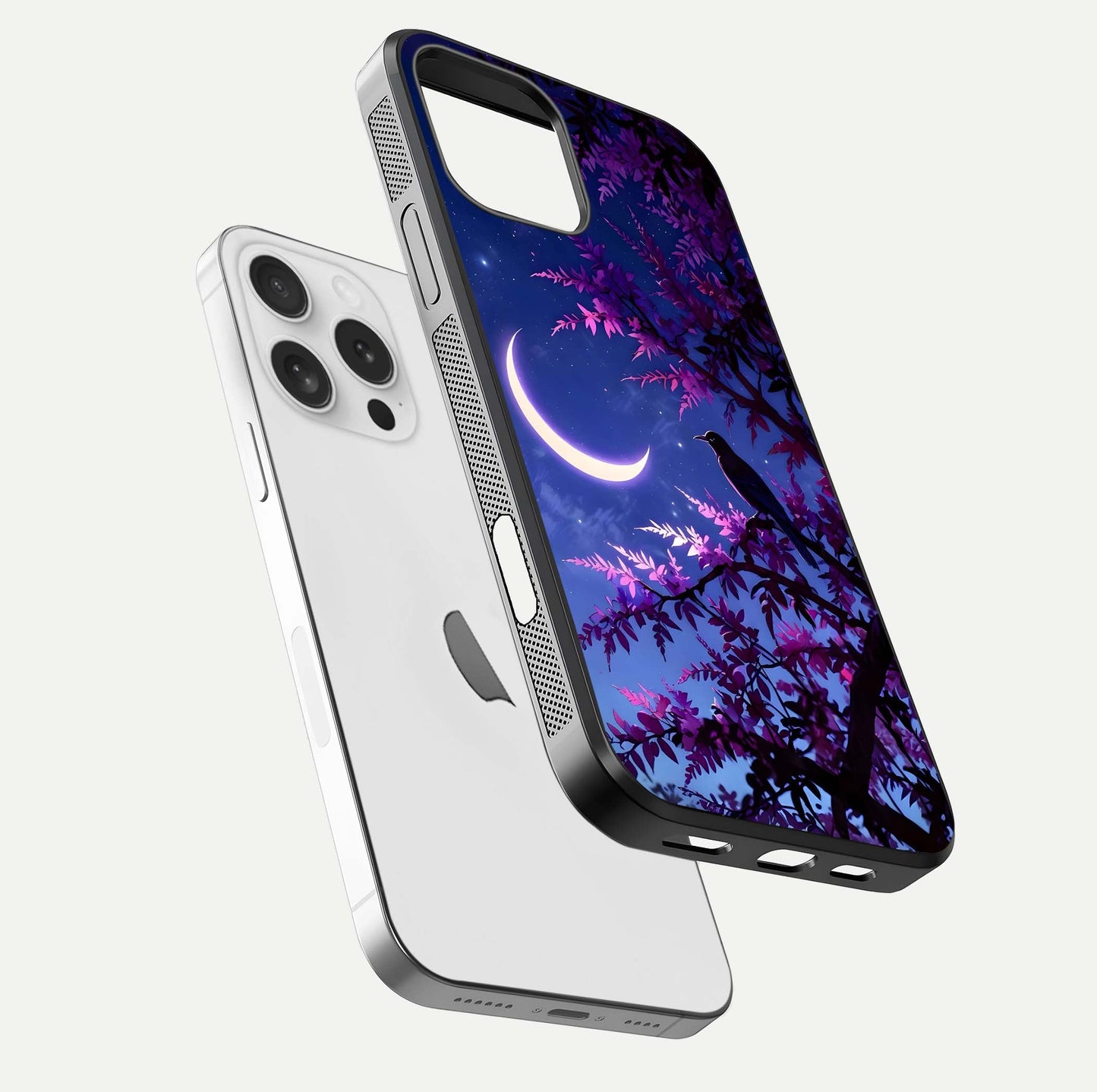 Crow & Moon Scenery Glass Case for iPhone 16 Pro floating mockup showing HD gloss texture and soft moonlight glow