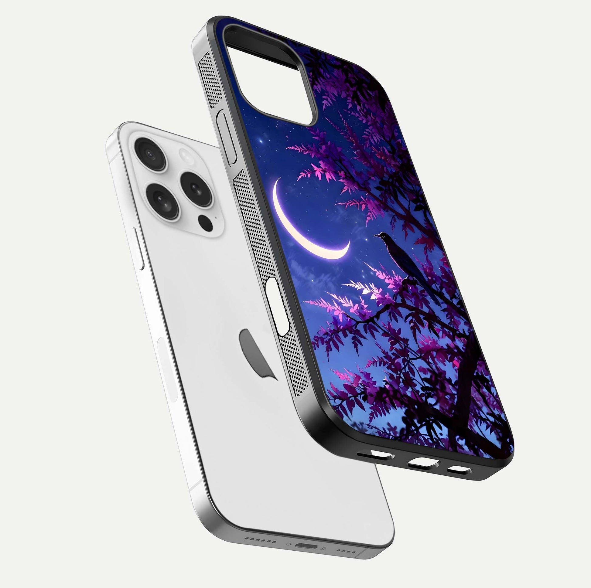 Crow & Moon Scenery Glass Case for iPhone 16 Pro floating mockup showing HD gloss texture and soft moonlight glow