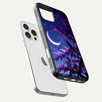 Crow & Moon Scenery Glass Case for iPhone 16 Pro floating mockup showing HD gloss texture and soft moonlight glow