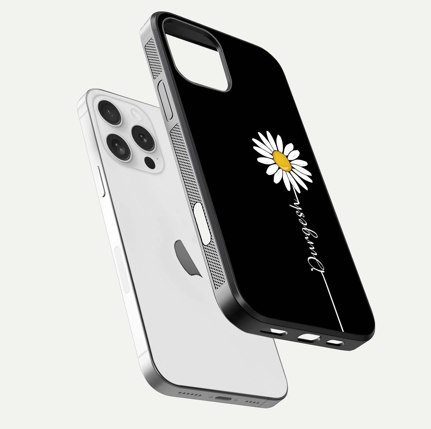 Custom Name White Flower Glass Case for iPhone 16 Pro floating mockup displaying HD gloss and delicate texture
