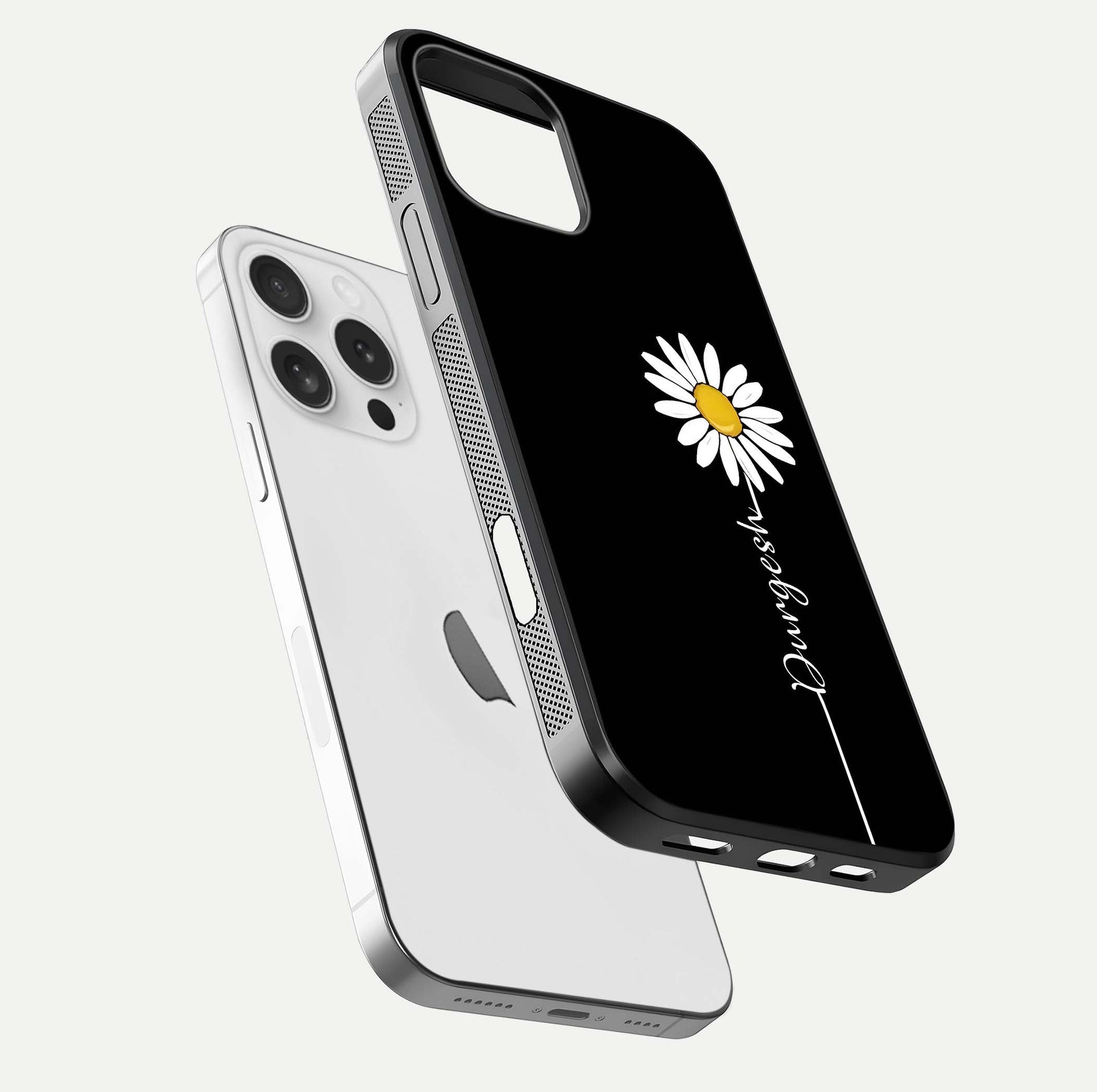 Custom Name White Flower Glass Case for iPhone 16 Pro floating mockup displaying HD gloss and delicate texture
