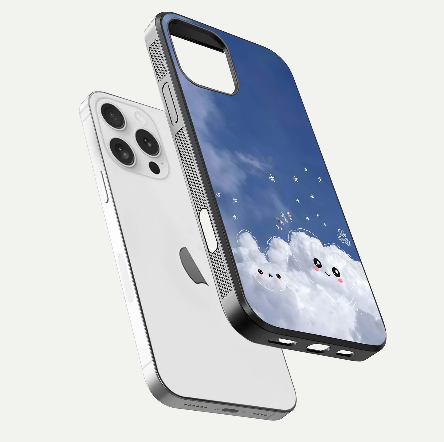 Cute Blossom Cloud Glass Case for iPhone 16 Pro floating mockup showing HD shine and soft gradient finish