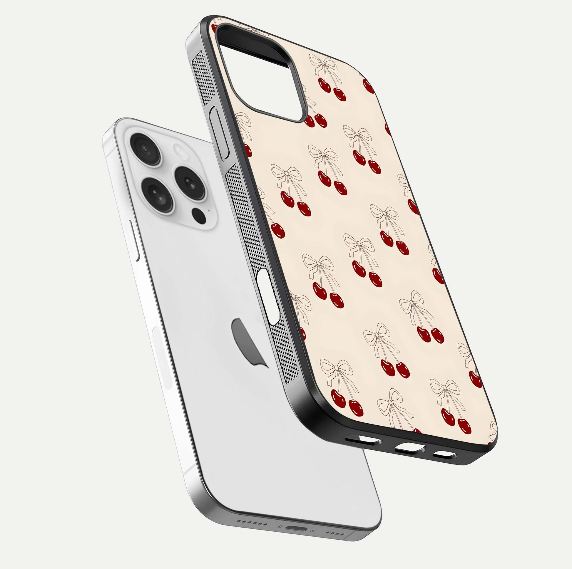 Cute Cherry Pattern Glass Case for iPhone 16 Pro floating mockup showing HD gloss shine and clear tones