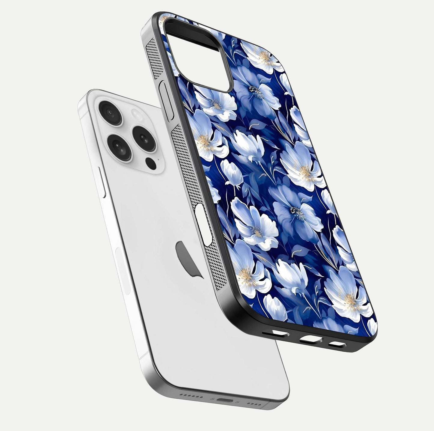 Cute Floral Patterns Glass Case for iPhone 16 Pro floating mockup showing shine depth and design clarity