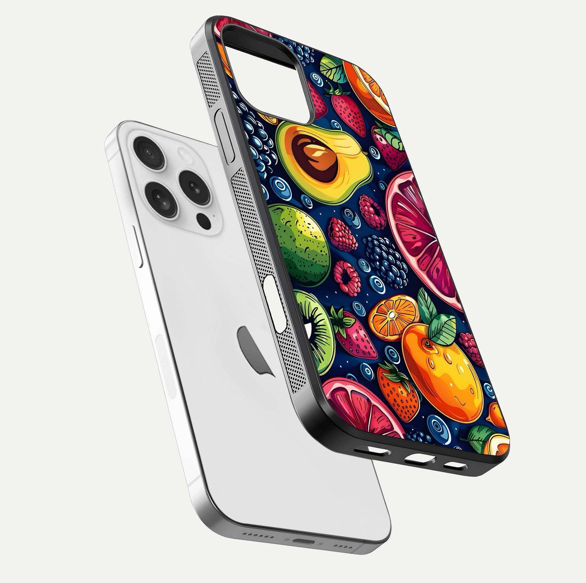 Cute Fruits Art Glass Case for iPhone 16 Pro floating mockup showing gloss brightness and vivid artwork