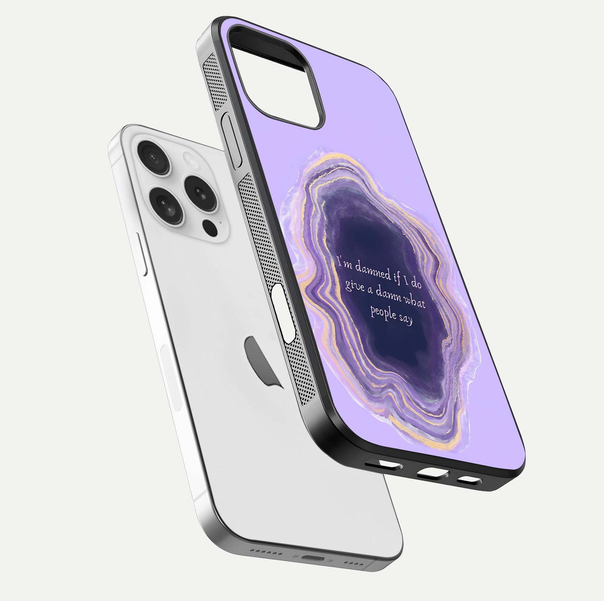 Damned People Quote Glass Case for iPhone 16 Pro floating mockup showing gloss reflection and text balance