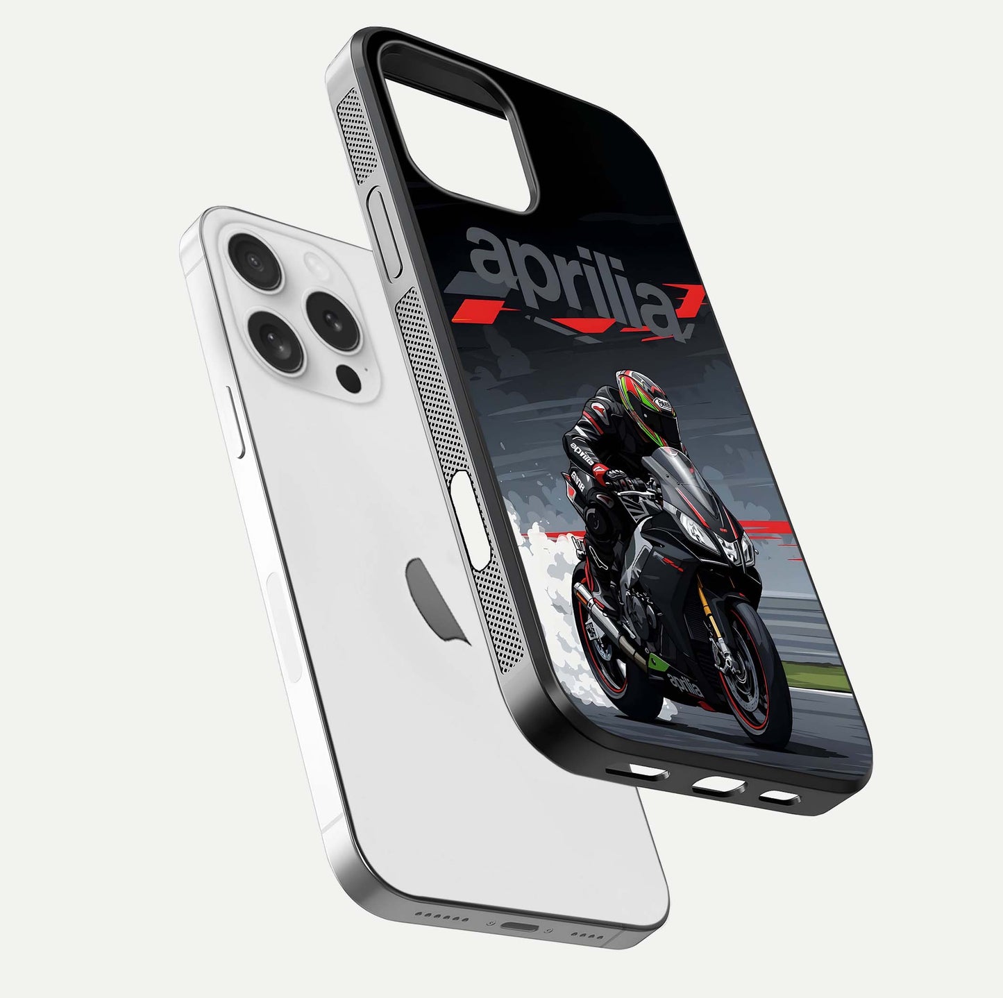 Dark Aprilla Glass Case for iPhone 16 Pro floating mockup showing glossy contrast and texture clarity