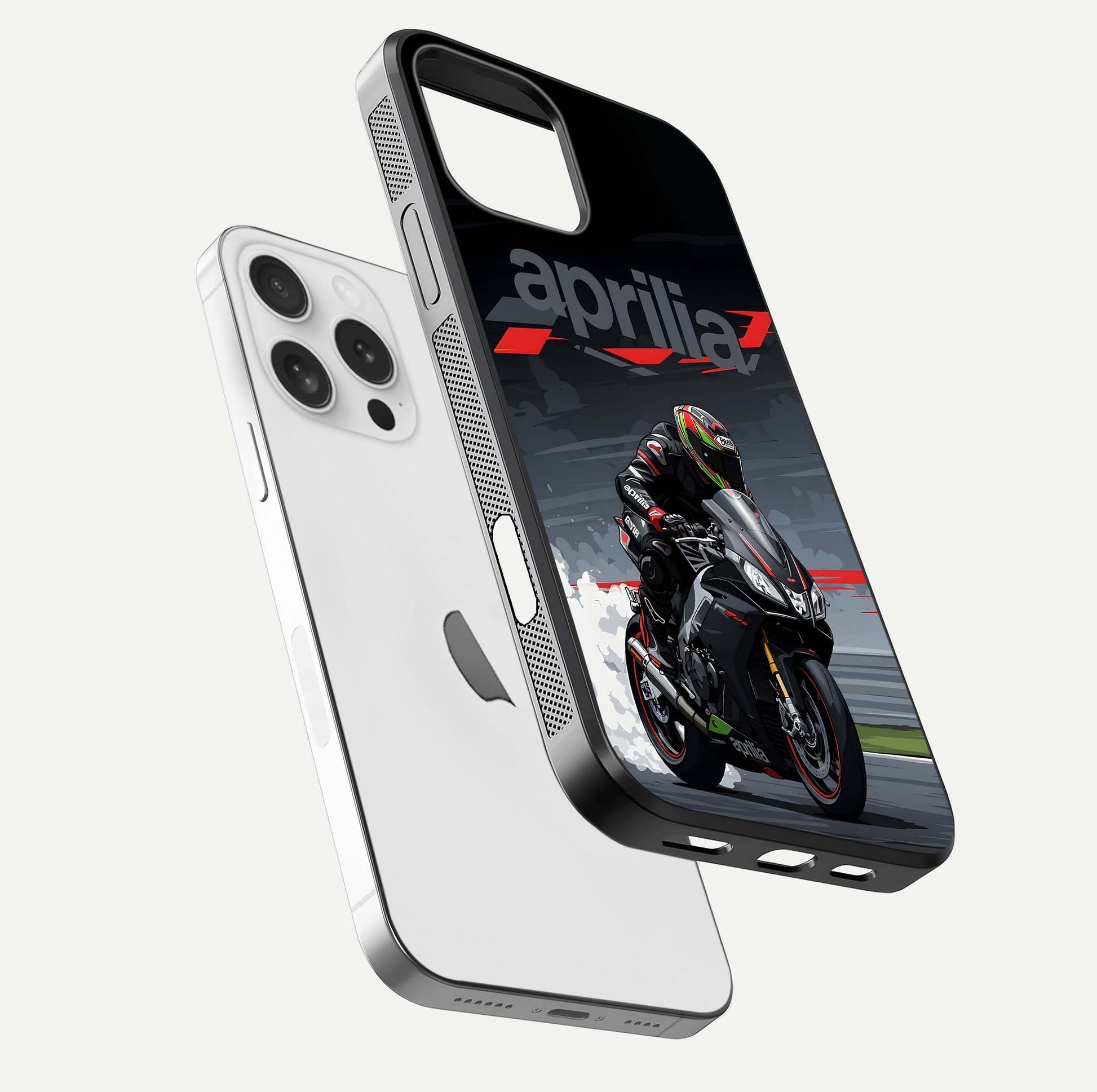 Dark Aprilla Glass Case for iPhone 16 Pro floating mockup showing glossy contrast and texture clarity