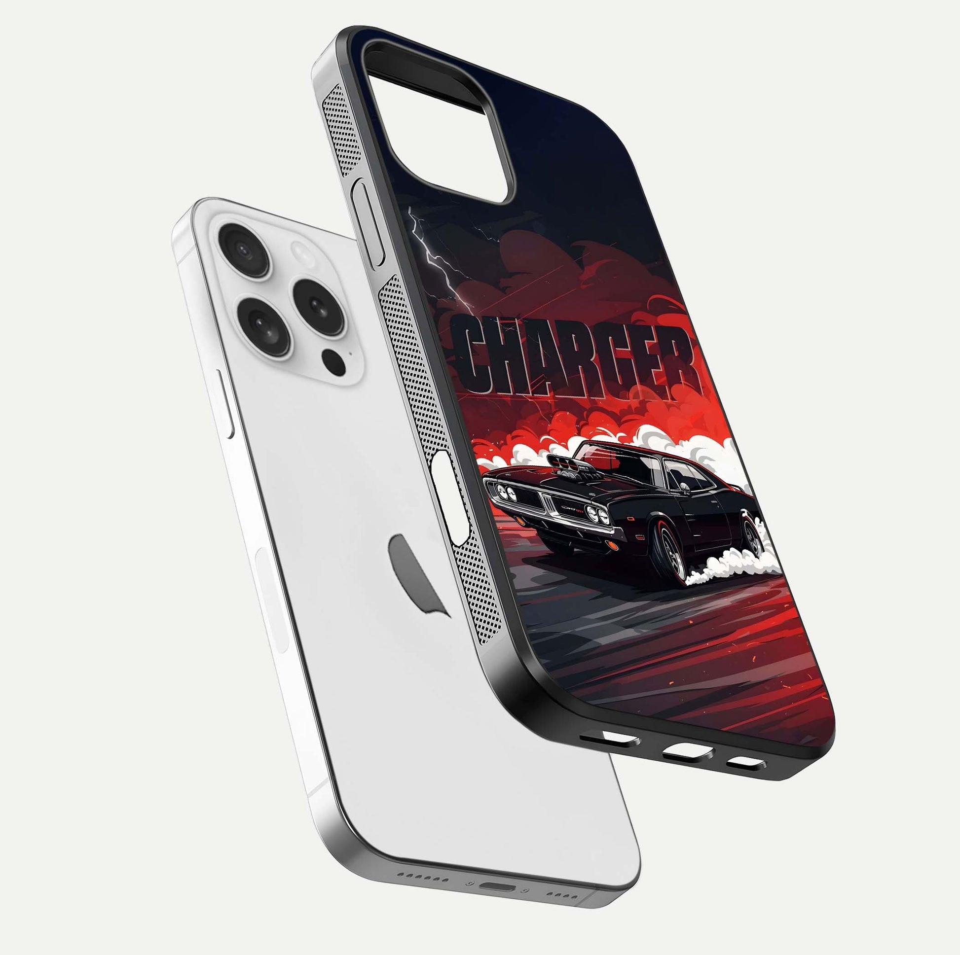 Dark Charger Fury Glass Case for iPhone 16 Pro floating mockup showing reflection depth and shiny surface