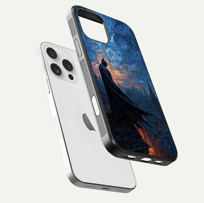 Dark Knight Dusk Glass Case for iPhone 16 Pro floating mockup showing glossy depth and cinematic lighting
