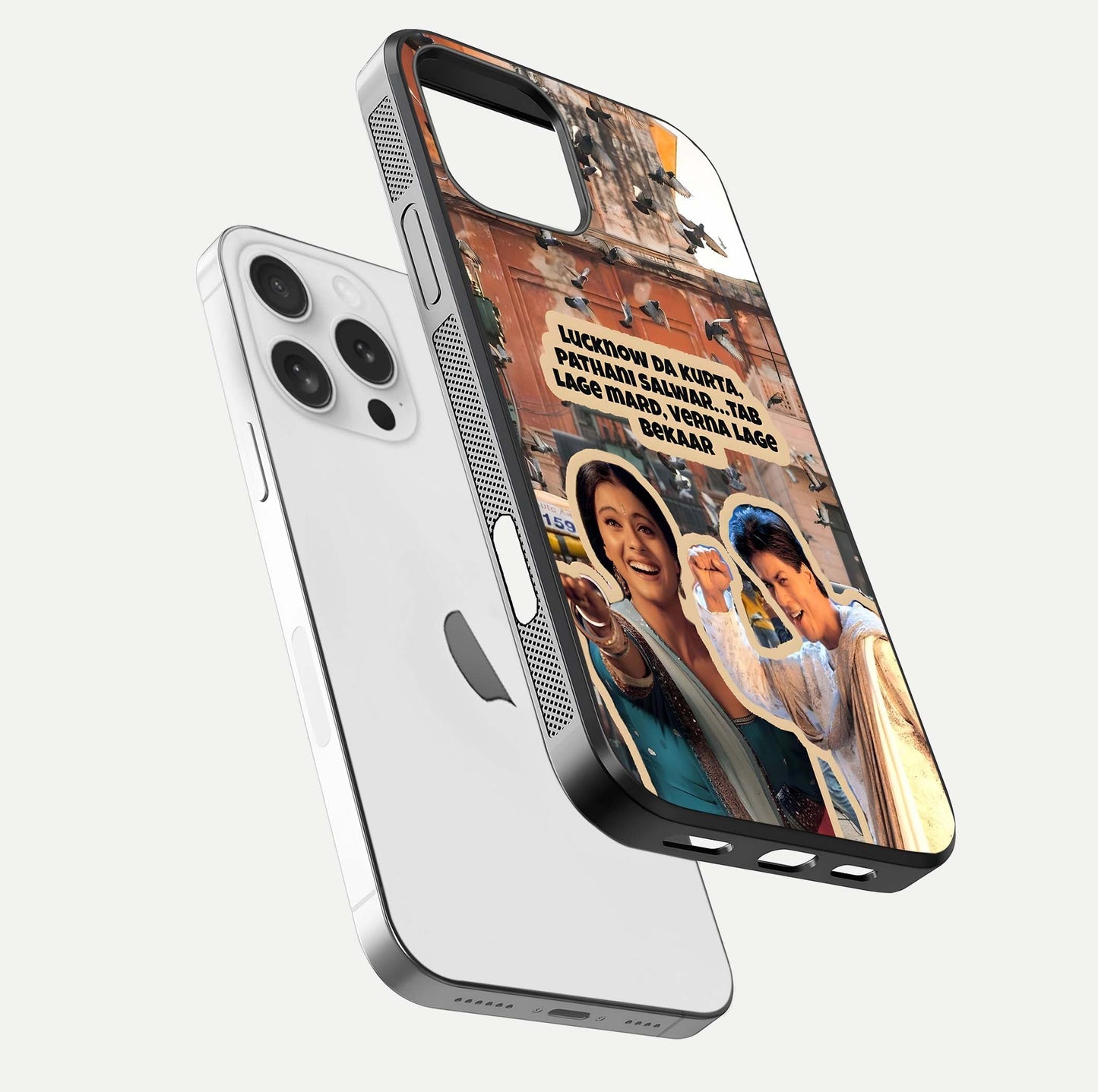 Desi Retro Vibes Glass Case for iPhone 16 Pro floating mockup showing shine polish and vivid tones