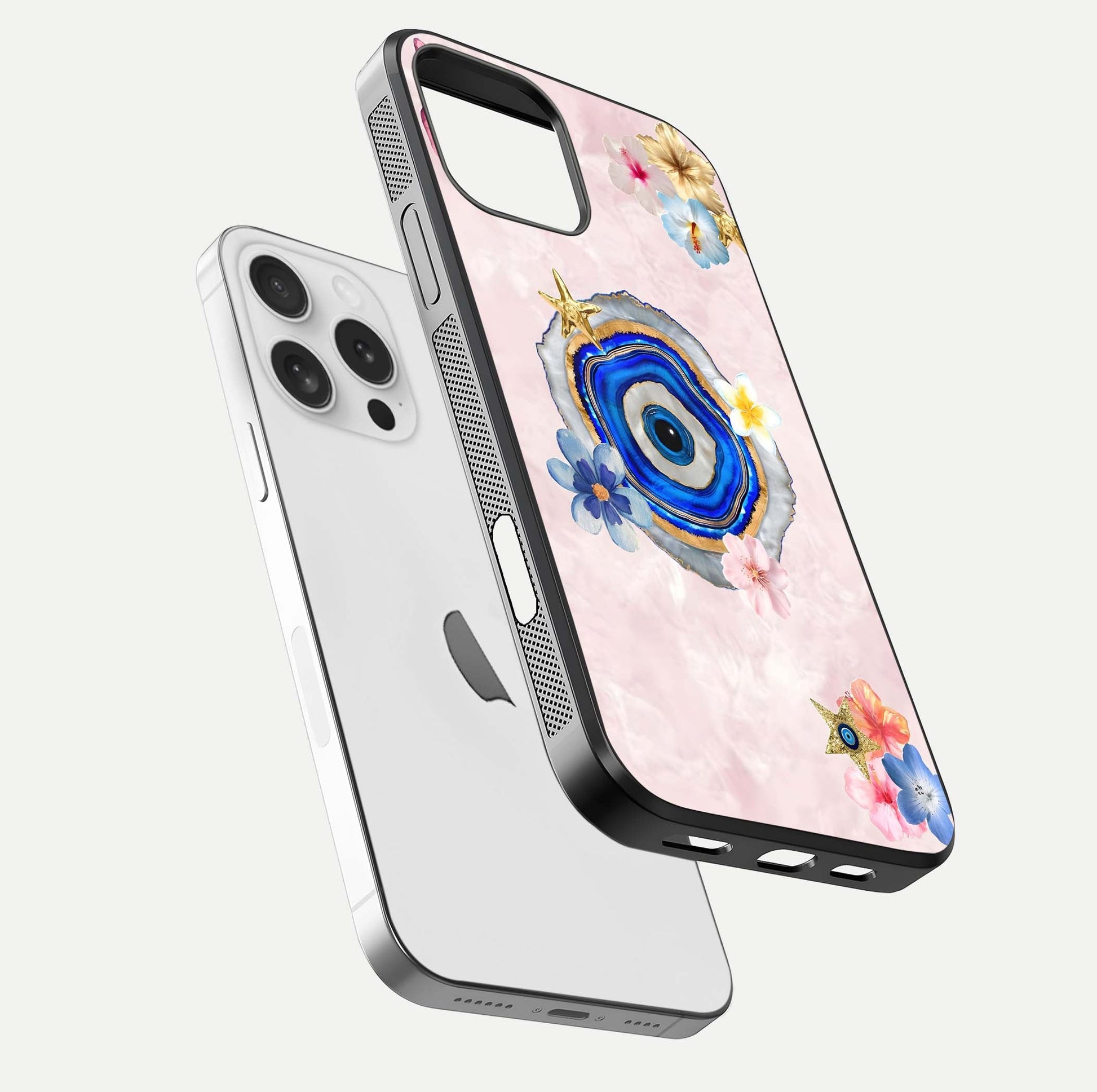 Divine Aura Bloom Glass Case for iPhone 16 Pro floating mockup showing gloss texture and elegant design
