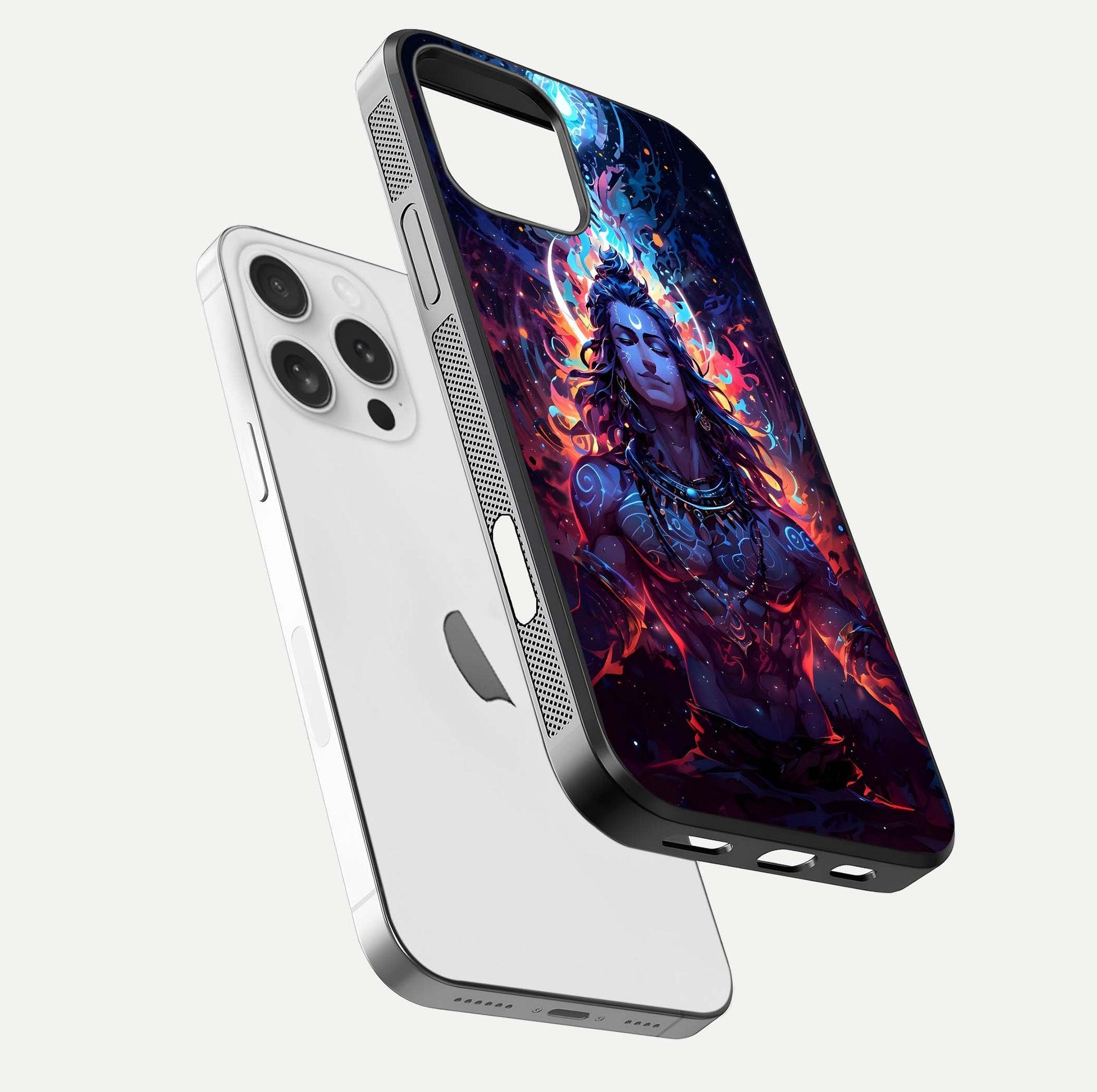Divine Fire Shiv Glass Case for iPhone 16 Pro floating mockup showing glow texture and gloss finish