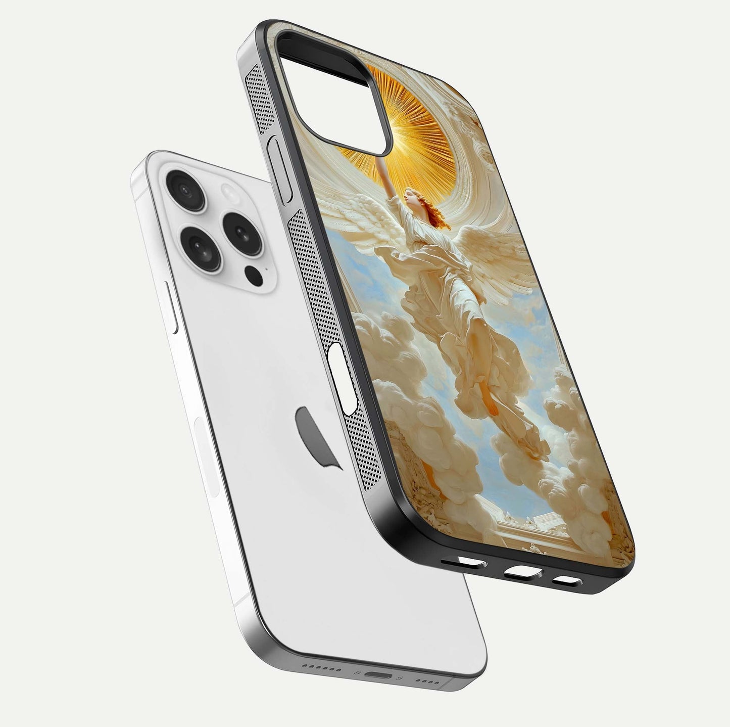 Divine Light Angel Glass Case for iPhone 16 Pro floating mockup showing gloss texture and radiant light
