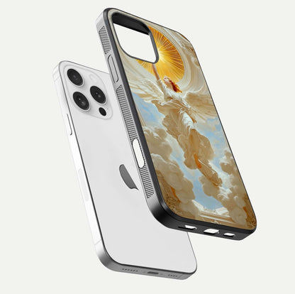 Divine Light Angel Glass Case for iPhone 16 Pro floating mockup showing gloss texture and radiant light