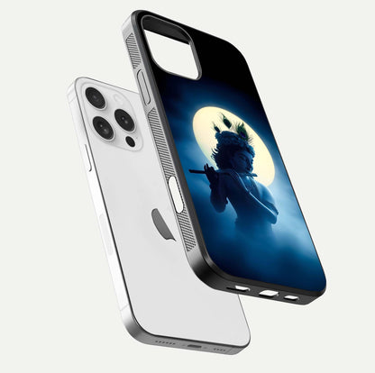 Divine Moon Flute Glass Case for iPhone 16 Pro floating mockup showing HD gloss and luminous texture