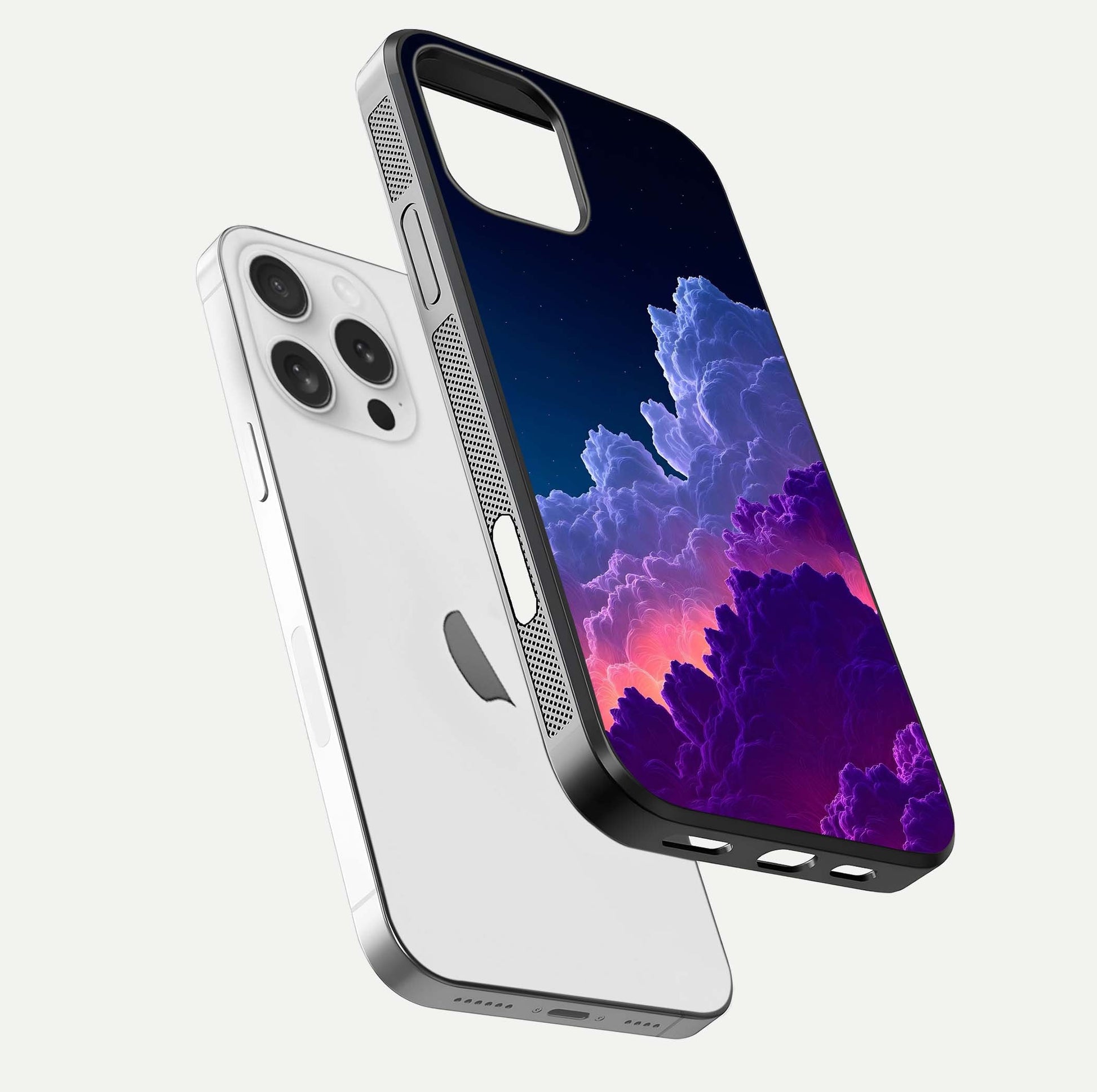 Dreamy Cloud Skies Glass Case for iPhone 16 Pro floating mockup showing glossy depth and delicate tone