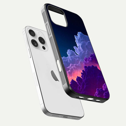 Dreamy Cloud Skies Glass Case for iPhone 16 Pro floating mockup showing glossy depth and delicate tone