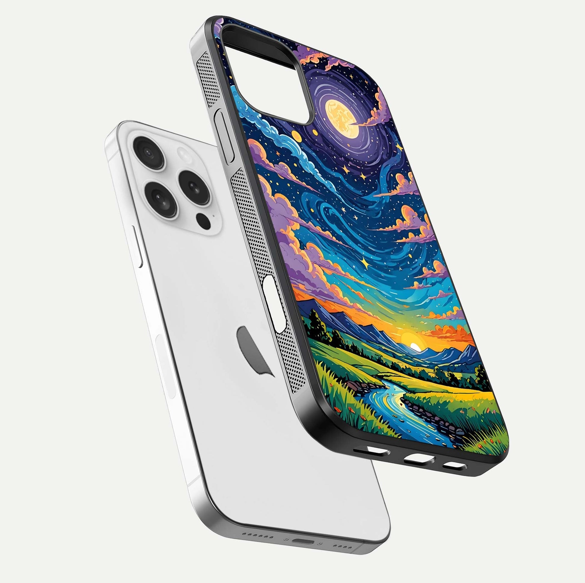 Dreamy Night Landscape Glass Case for iPhone 16 Pro floating mockup showing glossy depth and serene color