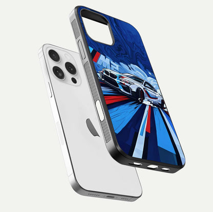 Drift Power Rush Glass Case for iPhone 16 Pro floating mockup showing gloss polish and speed-theme design