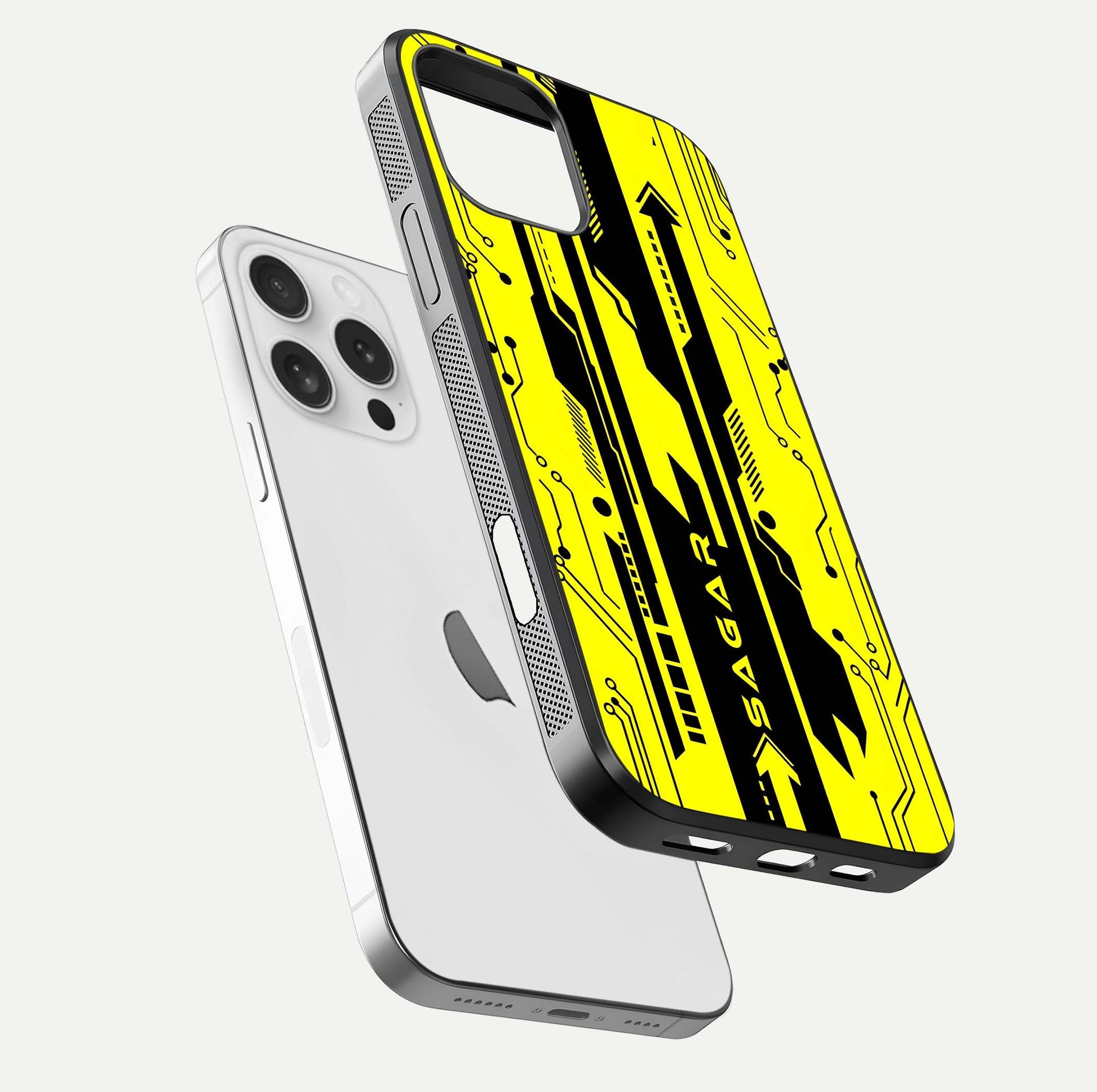 Electric Pulse CYBERPUNK Custom Name Glass Case for iPhone 16 Pro floating mockup showing HD gloss and vibrant cyberpunk glow