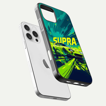 Electric Supra Thunder Glass Case for iPhone 16 Pro floating mockup showing gloss depth and energy glow