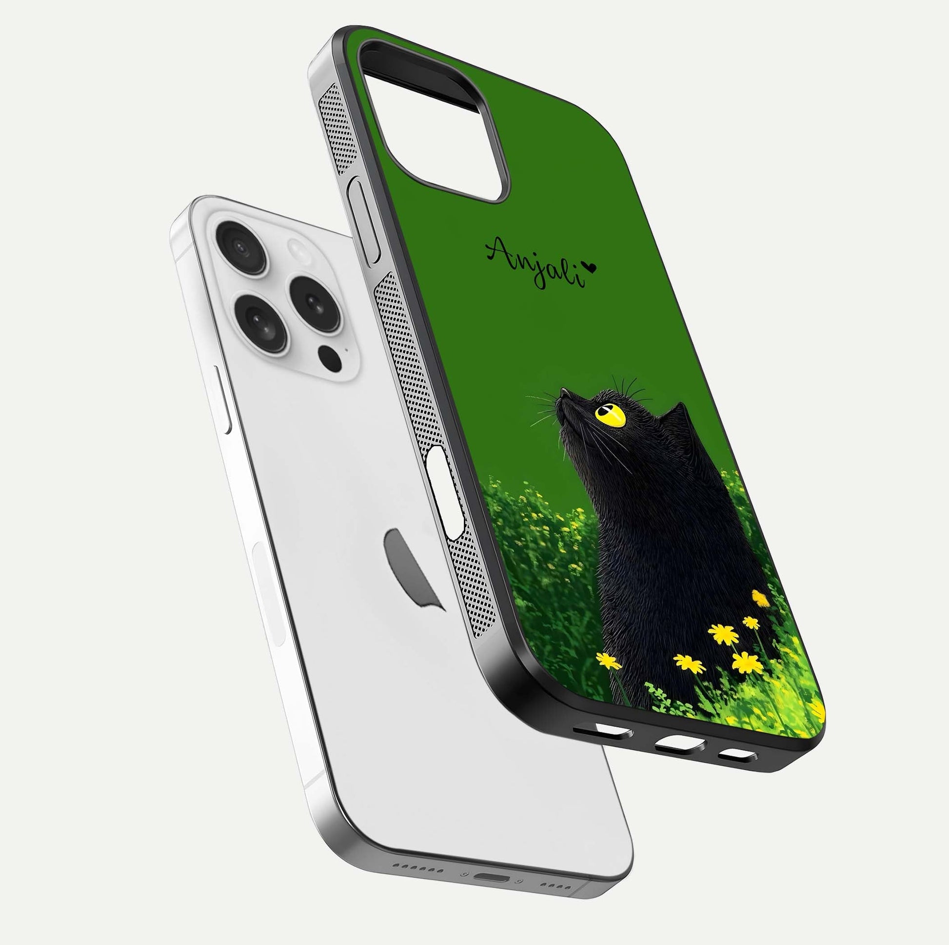 Emerald Cat Custom Name Glass Case for iPhone 16 Pro floating mockup showing HD gloss and soft gradient