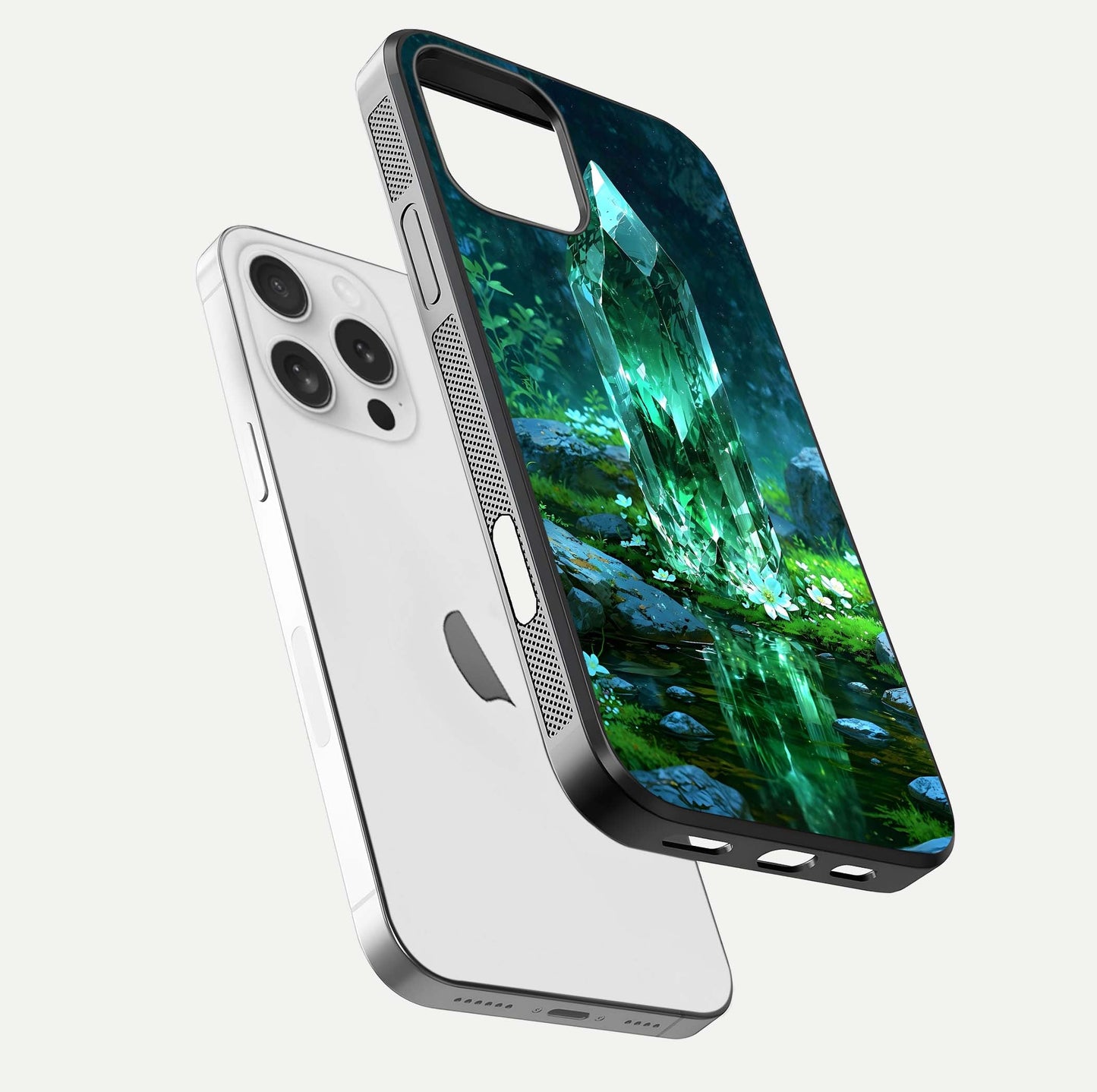 Emerald Light Crystal Glass Case for iPhone 16 Pro floating mockup showing glossy finish and radiant light pattern