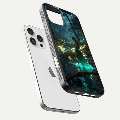 Enchanted Forest Glow Glass Case for iPhone 16 Pro floating mockup showing gloss polish and fantasy vibe