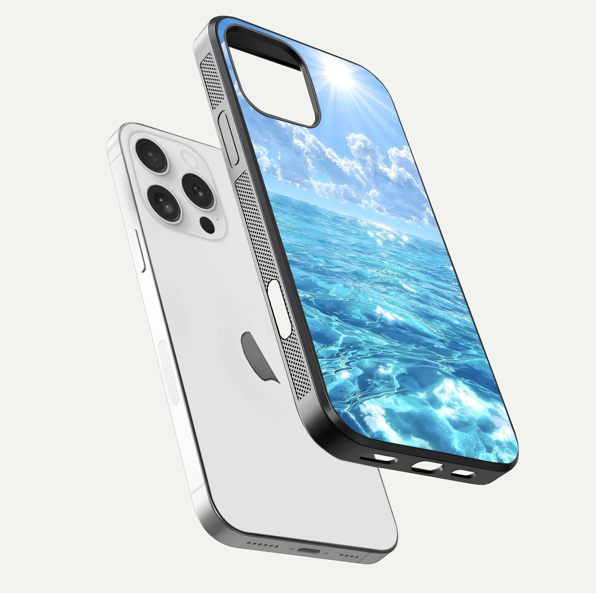 Endless Ocean Horizon Glass Case for iPhone 16 Pro floating mockup showing HD gloss and tranquil color
