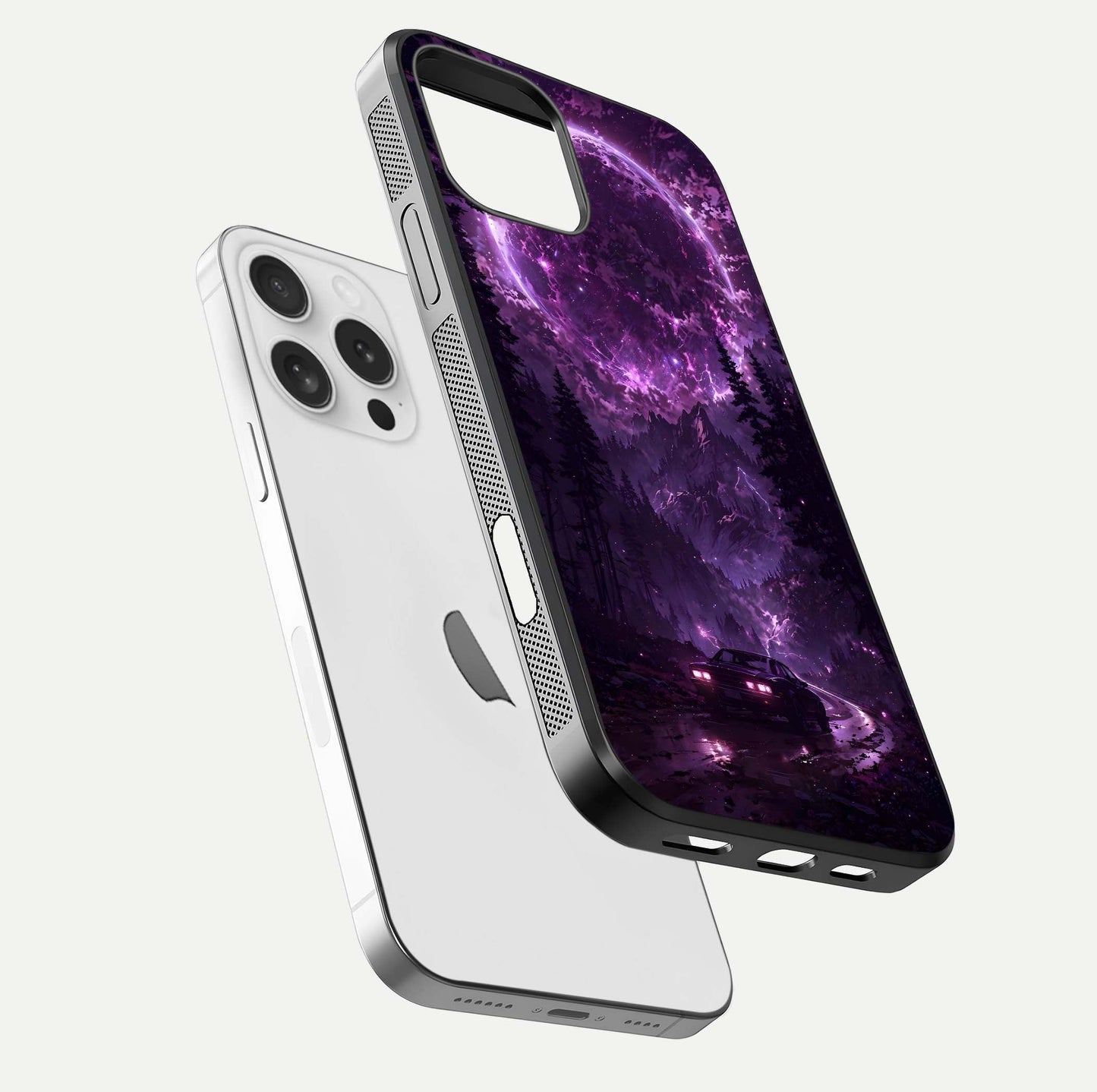 Eternal Cosmic Drive Glass Case for iPhone 16 Pro floating mockup showing glossy polish and vivid glow