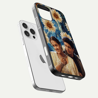 Eternal Love Story Glass Case for iPhone 16 Pro floating mockup showing glossy shine and romantic tone