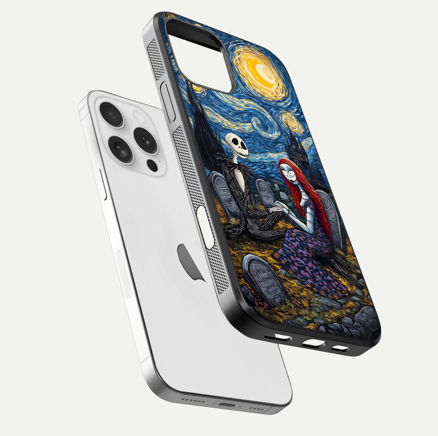Eternal Night Love Glass Case for iPhone 16 Pro floating mockup showing gloss brightness and romantic vibe