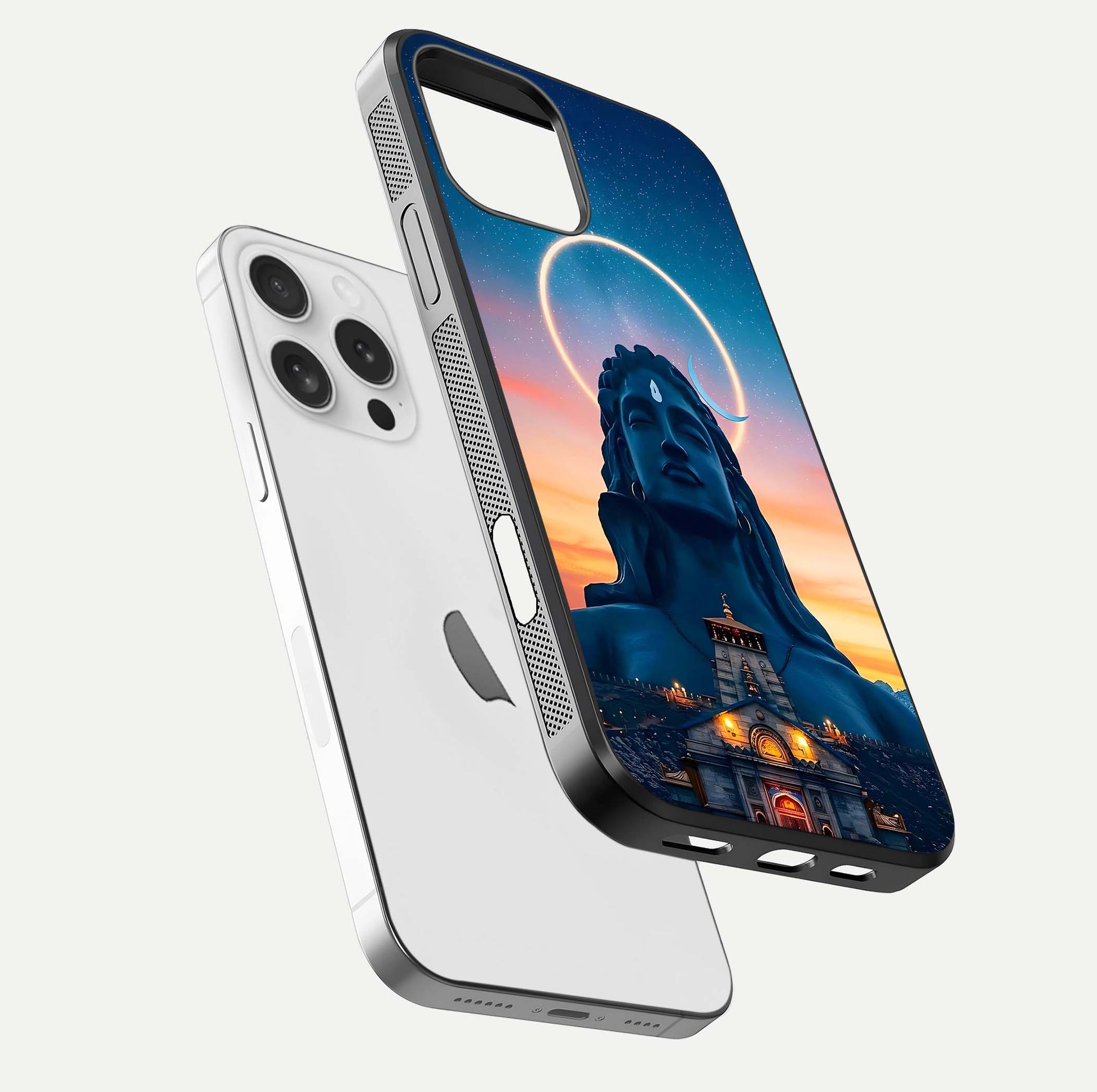 Eternal Shiva Aura Glass Case for iPhone 16 Pro floating mockup showing gloss texture and spiritual glow
