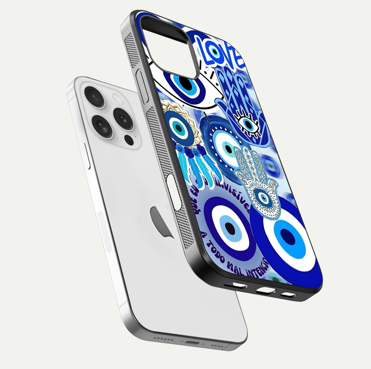 Evil Eyes Dream Glass Case for iPhone 16 Pro floating mockup showing glossy shine and elegant pattern clarity
