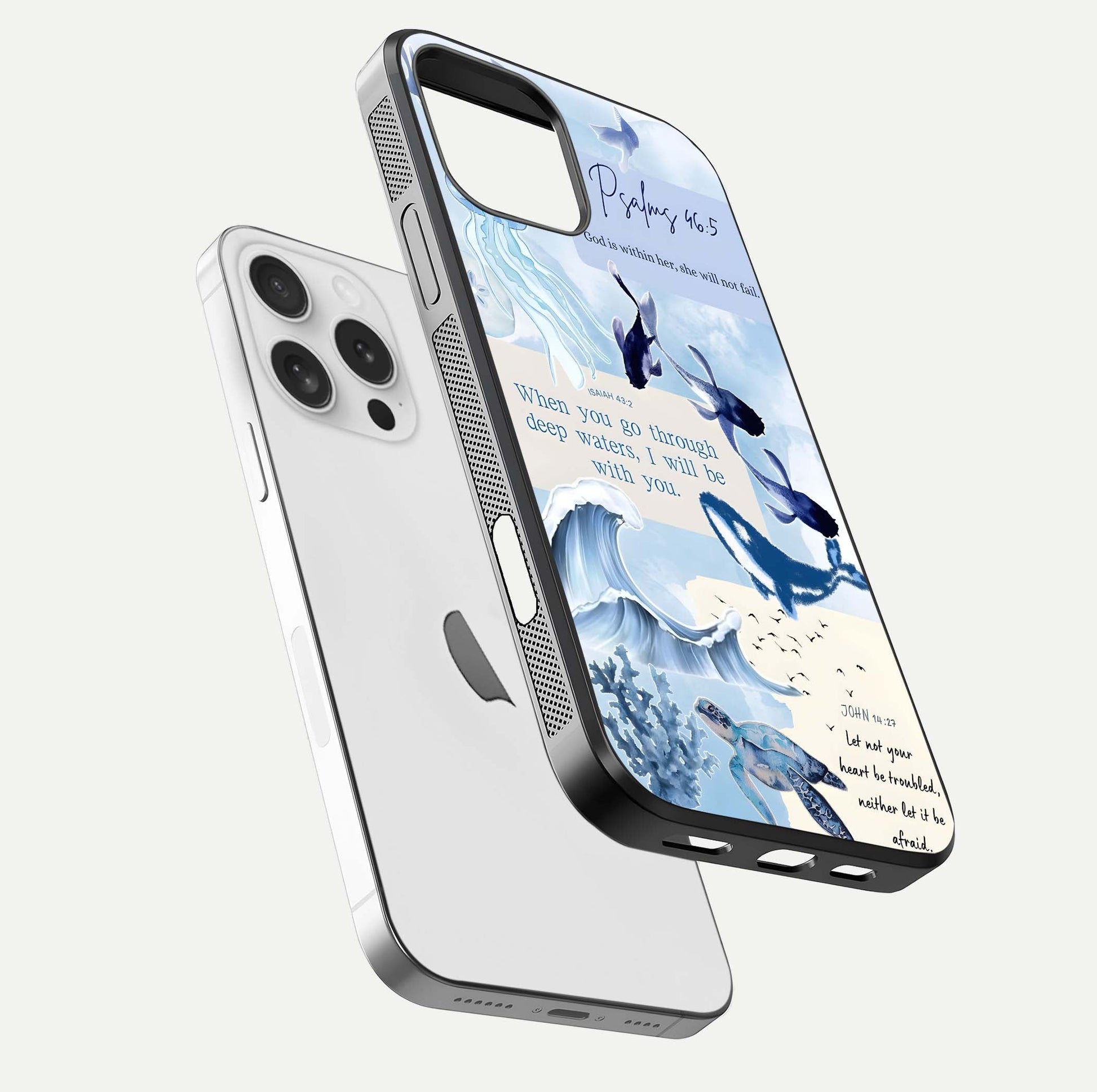 Faithful Ocean Promise Glass Case for iPhone 16 Pro floating mockup displaying glossy surface and vivid depth