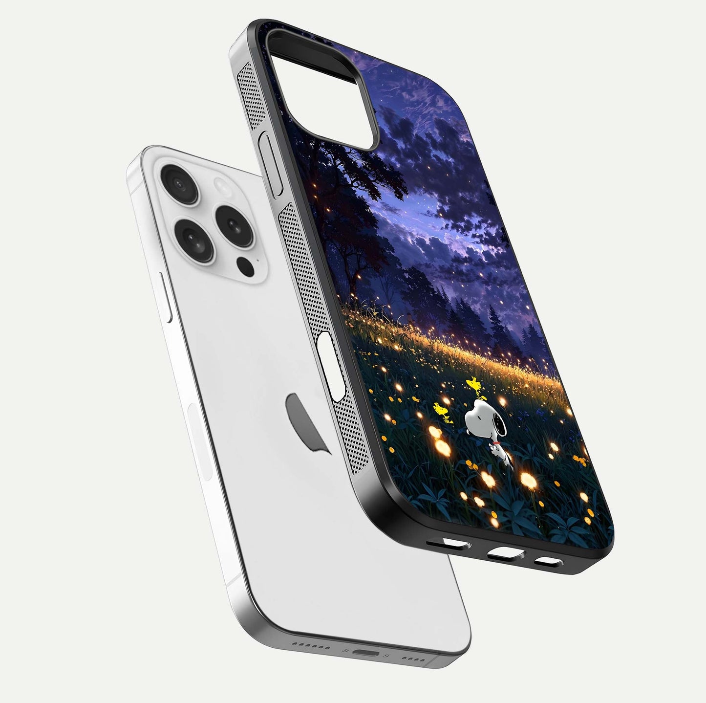 Firefly Meadow Magic Glass Case for iPhone 16 Pro floating mockup showing gloss polish and magical night hues