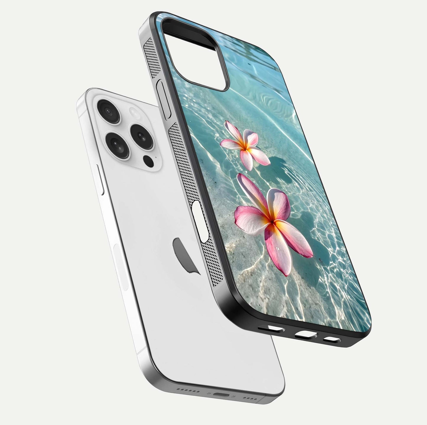 Floating Bloom Bliss Glass Case for iPhone 16 Pro floating mockup showing HD gloss shine and floral texture