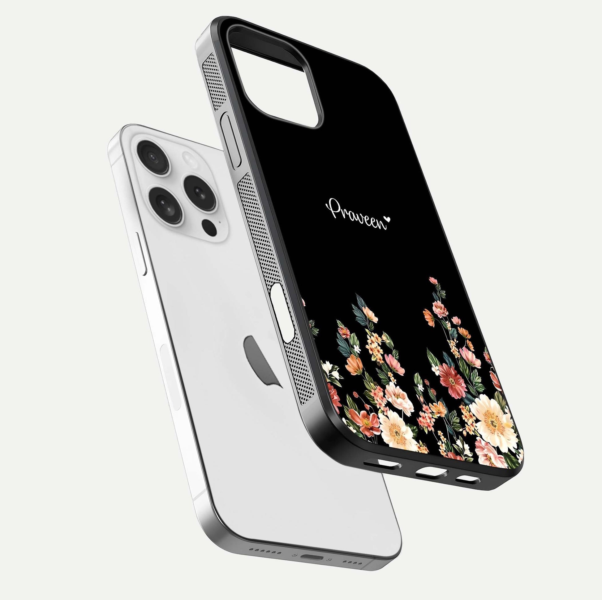 Floral Design Personalized Custom Name Glass Case for iPhone 16 Pro floating mockup showing reflection polish and vivid colors