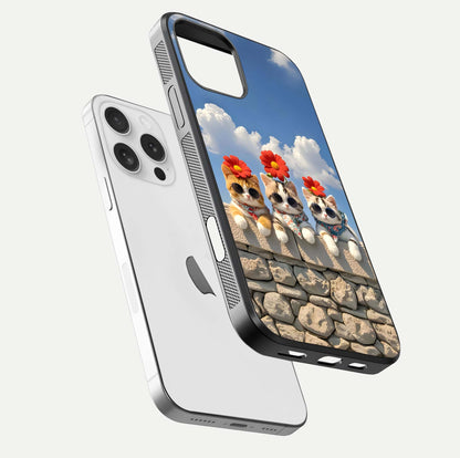 Floral Kitty Squad Glass Case for iPhone 16 Pro floating mockup showing gloss texture and playful charm