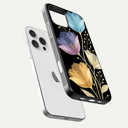 Flower Bloom Glow Glass Case for iPhone 16 Pro floating mockup showing HD shine and artistic detail
