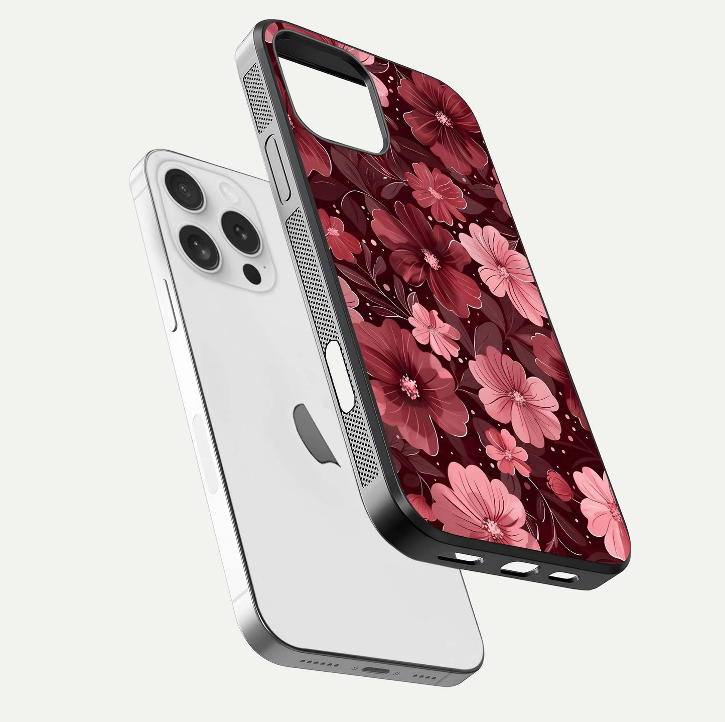 Flower Blush Bloom Glass Case for iPhone 16 Pro floating mockup showing shine polish and elegant look